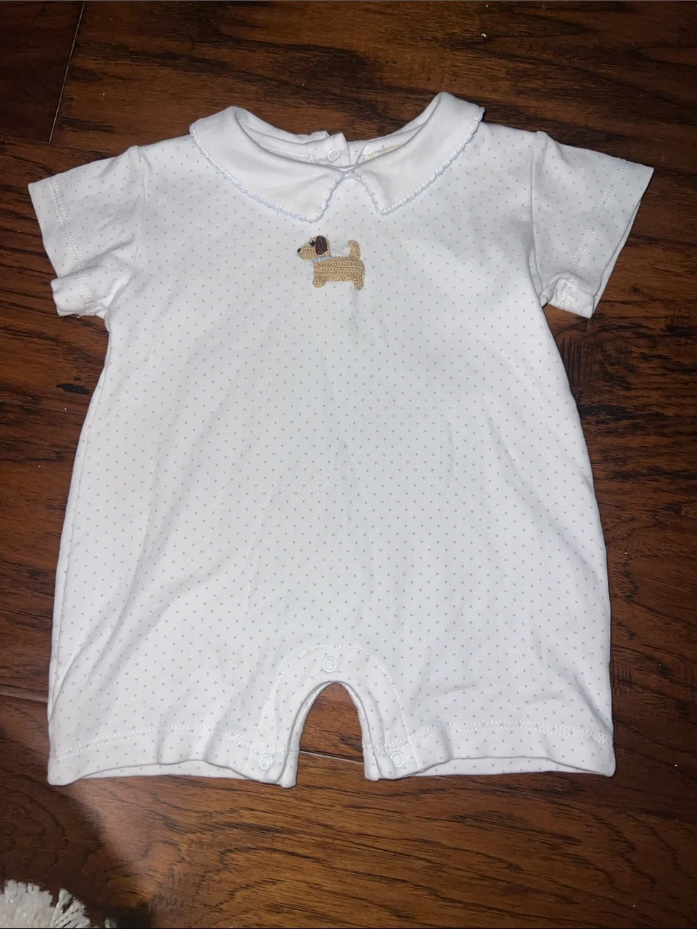 White Short-Sleeve Baby One-Piece with Embroidered Dog